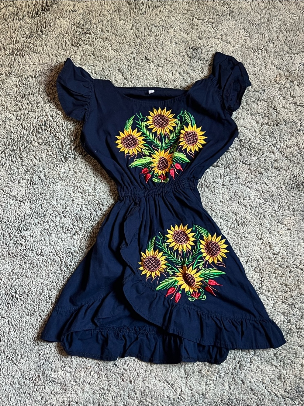 Artisan Mexican handmade navy blue dress sunflower embroidery Sz 6T